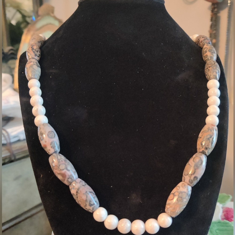 Strand of Madagascar Jasper and Porcelain Beads